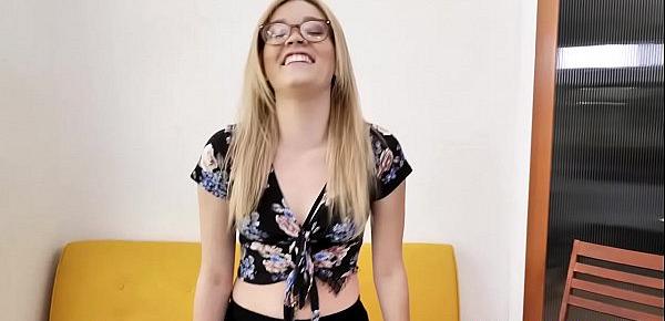  Blonde nerd teen pops out her tight twat and gets rammed from behind doggystyle!